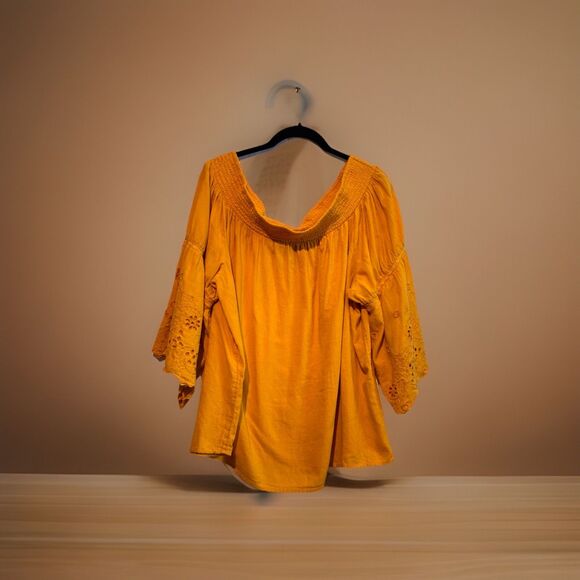 Lane Bryant 18/20 Mustard Boho Peasant Top Eyelet Bell Sleeve Cotton Shirt - Picture 1 of 8